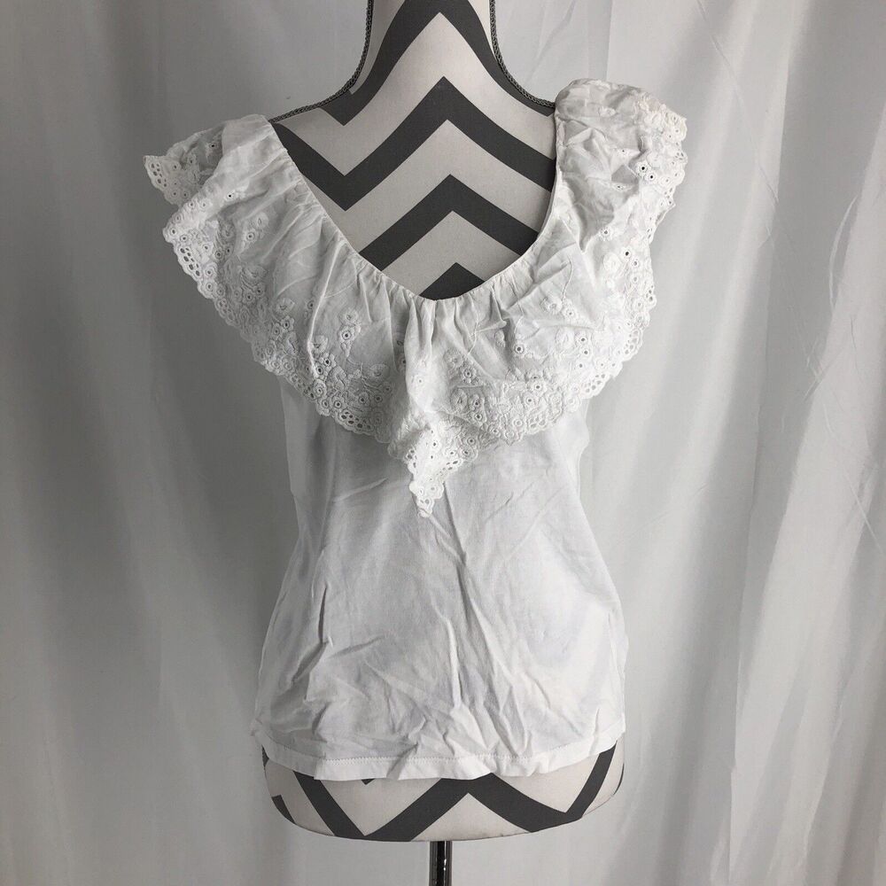H&M White Short Sleeve Eyelet Embroidery Blouse Size Small